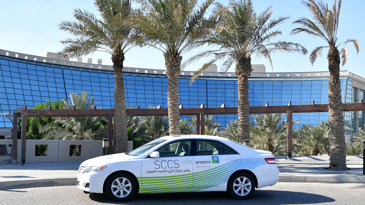 Aramco test vehicle in front of Research and Development facilities